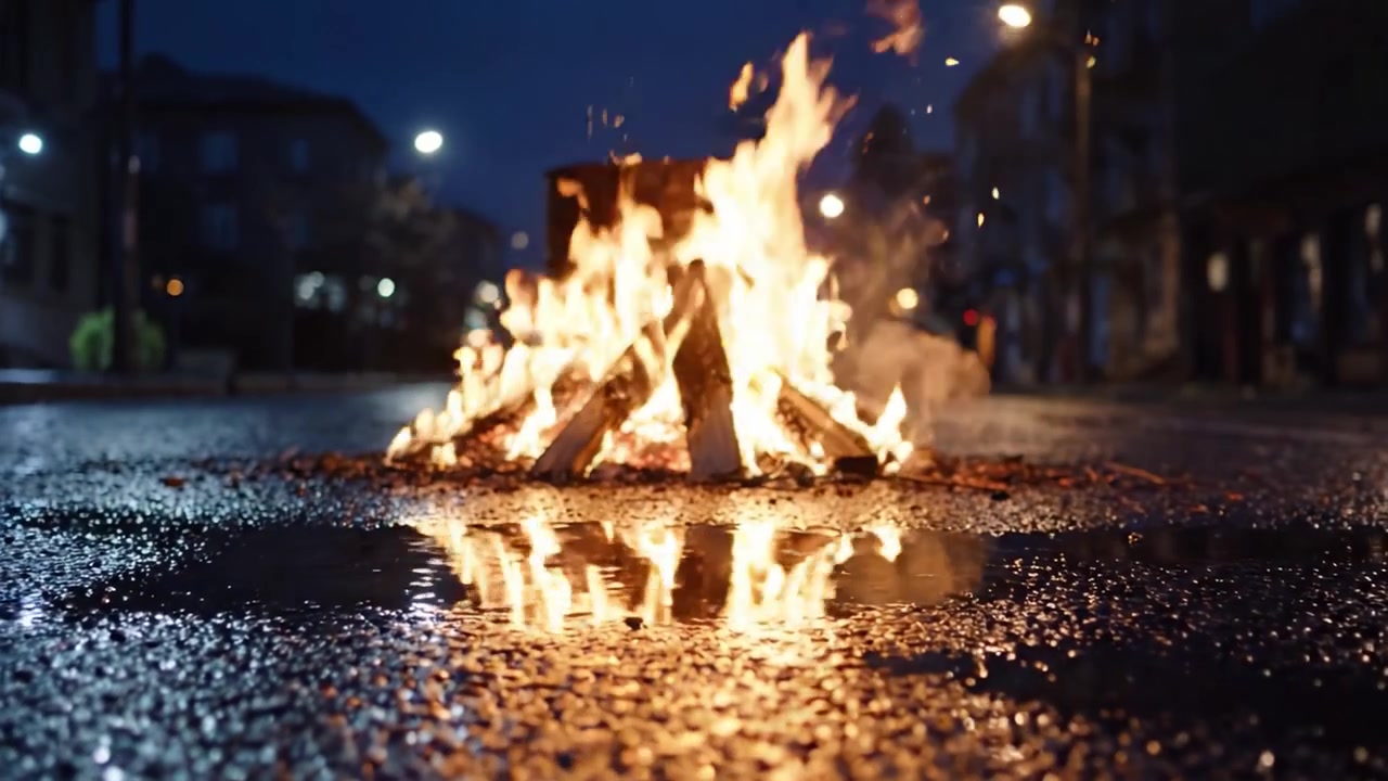 Et glødende bål oplyser en våd bygade om natten og skaber en mystisk atmosfære med flakkende flammer og refleksioner på det våde fortov