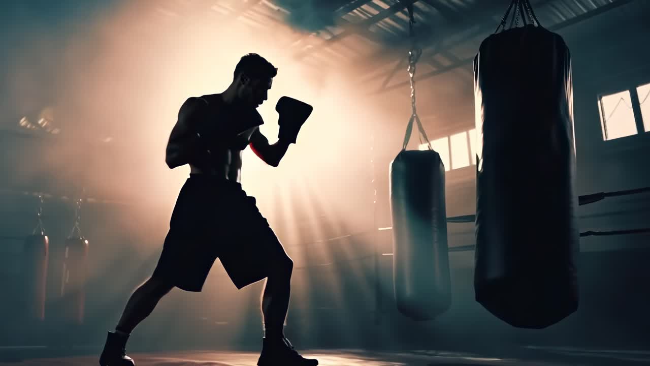 Silhouette of a boxer in a gym, backlit by dramatic sunlight, captured from a low angle