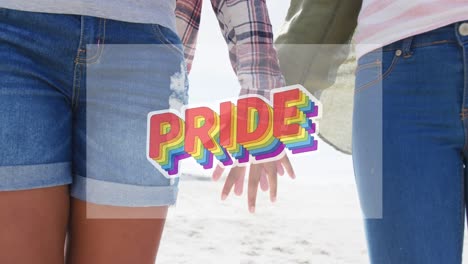 animation of rainbow pride over midsection of lesbian couple holding hands outdoors