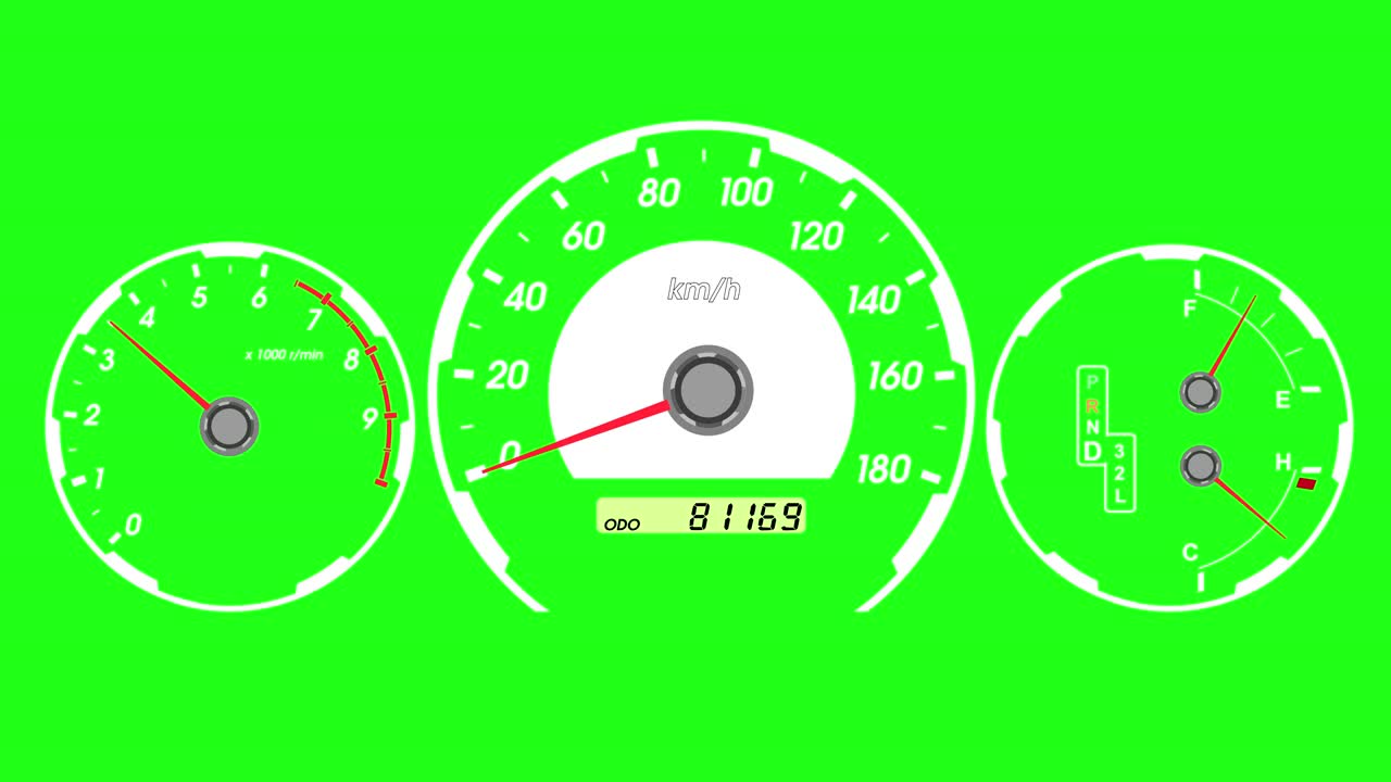 스피도미터 스포츠카, 시작 가속 및 브레이크, 녹색 화면 배경, 4k 애니메이션