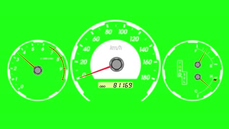 speedometer sports car, start acceleration and braking. green screen background. 4k animation.