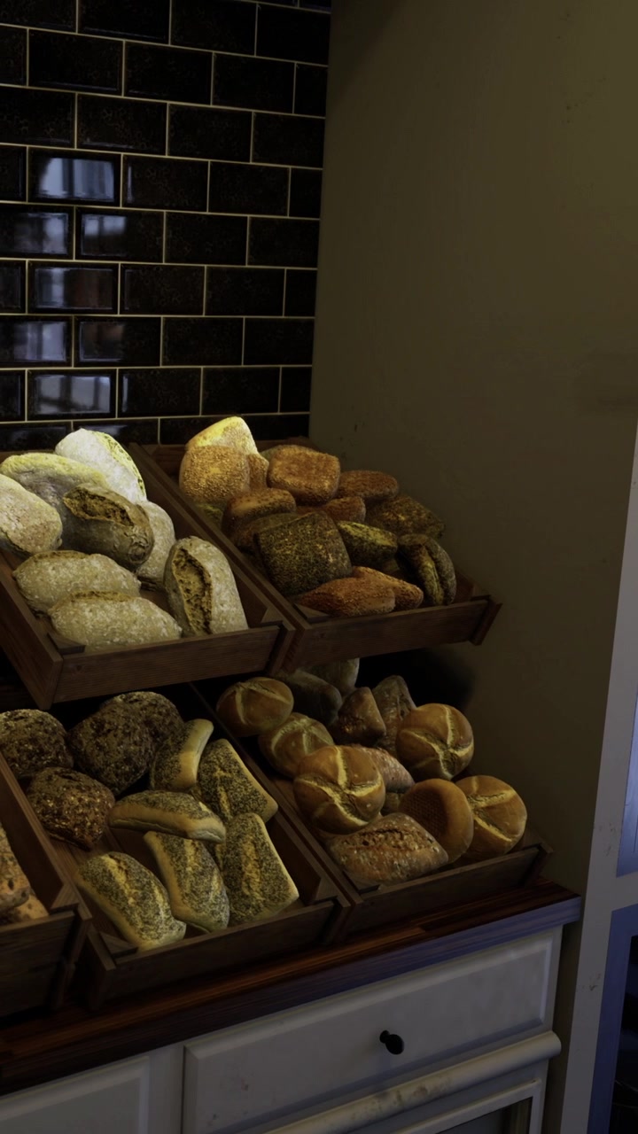 Bakery display with a variety of bread types in a shop setting