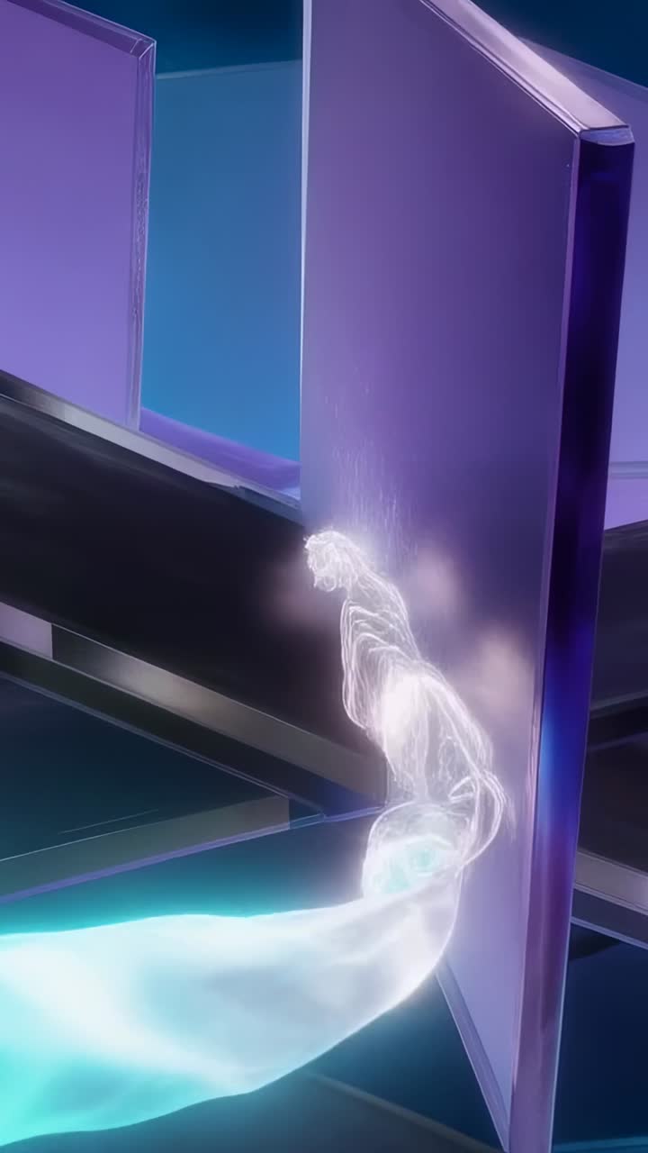 Vídeo vertical: fluxo ciano emergente à esquerda comprimindo espaço roxo, envolvendo trilhos e guiando para baixo no laboratório