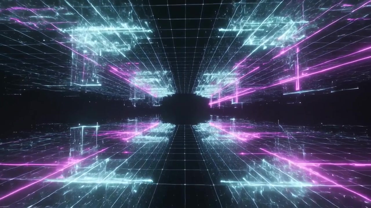 Tunnel a griglia neon che attira lo spettatore in avanti attraverso un corridoio virtuale con binari ciano-magenta.