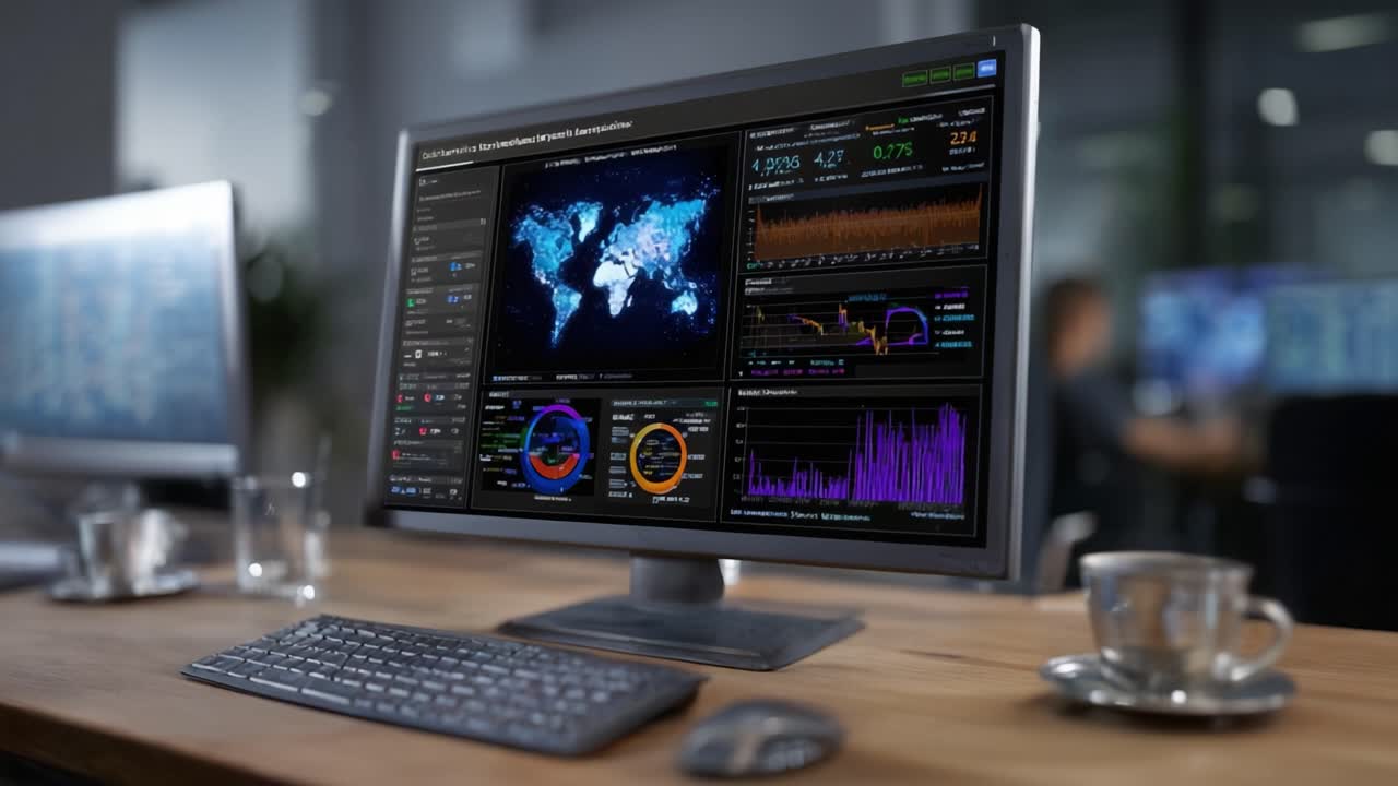 Modern office desk with computer monitor showing global data dashboards. Screen displays world map, charts, and analytics. Keyboard and mouse rest beside monitor