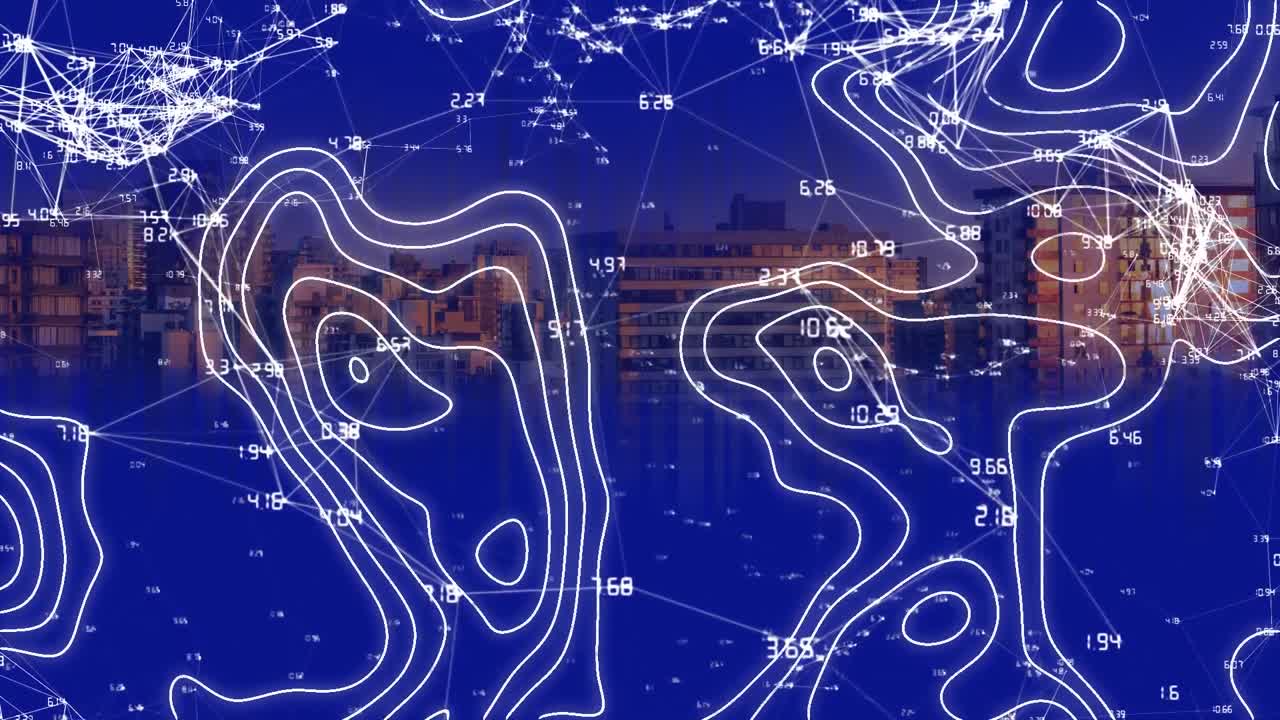 도시 풍경 위의 연결 네트워크와 지형 지도 선의 애니메이션