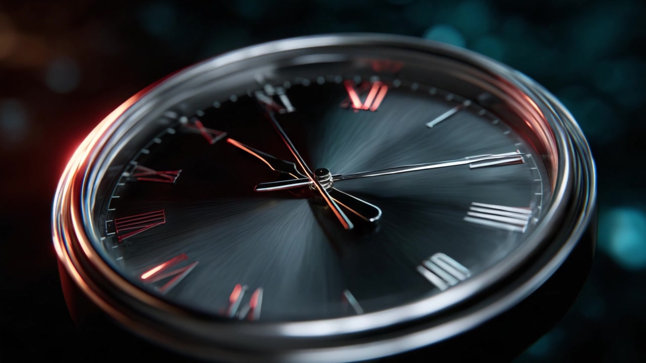 Un primo piano di un elegante orologio analogico con numeri romani e sottili riflessi di luce sul suo quadrante e meccanismo finemente lavorati.