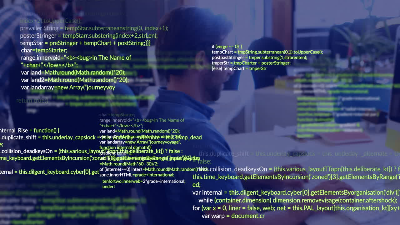 Animation of data processing over diverse business people in office