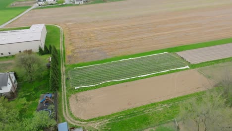 Un-Dron-Revela-Una-Granja-Serena-Con-Cultivos-En-Crecimiento,-Un-Acogedor-Parque-De-Casas-Móviles-Y-Los-Suaves-Tonos-De-La-Primavera