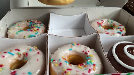 A-girl-picking-bright-and-colorful-sprinkled-donut-from-a-food-packet