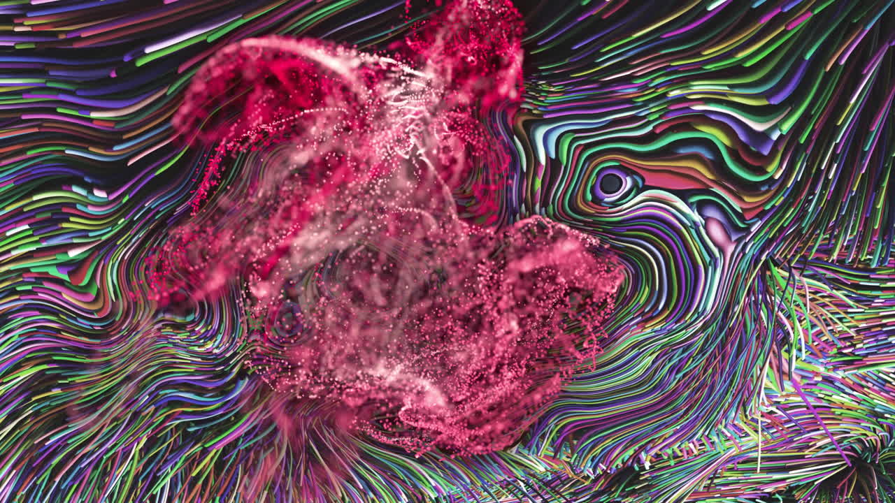 Animation of glowing pink mesh moving over waving multi coloured background