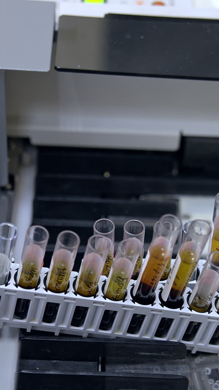 Placing the sets of test tubes into the modern apparatus. Close up. Laboratory science analysis in present day clinics. Vertical video