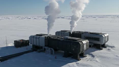 industrial complex on icy terrain: a frigid landscape with smokestacks emitting vapor from structures amidst blinding white snow and ice