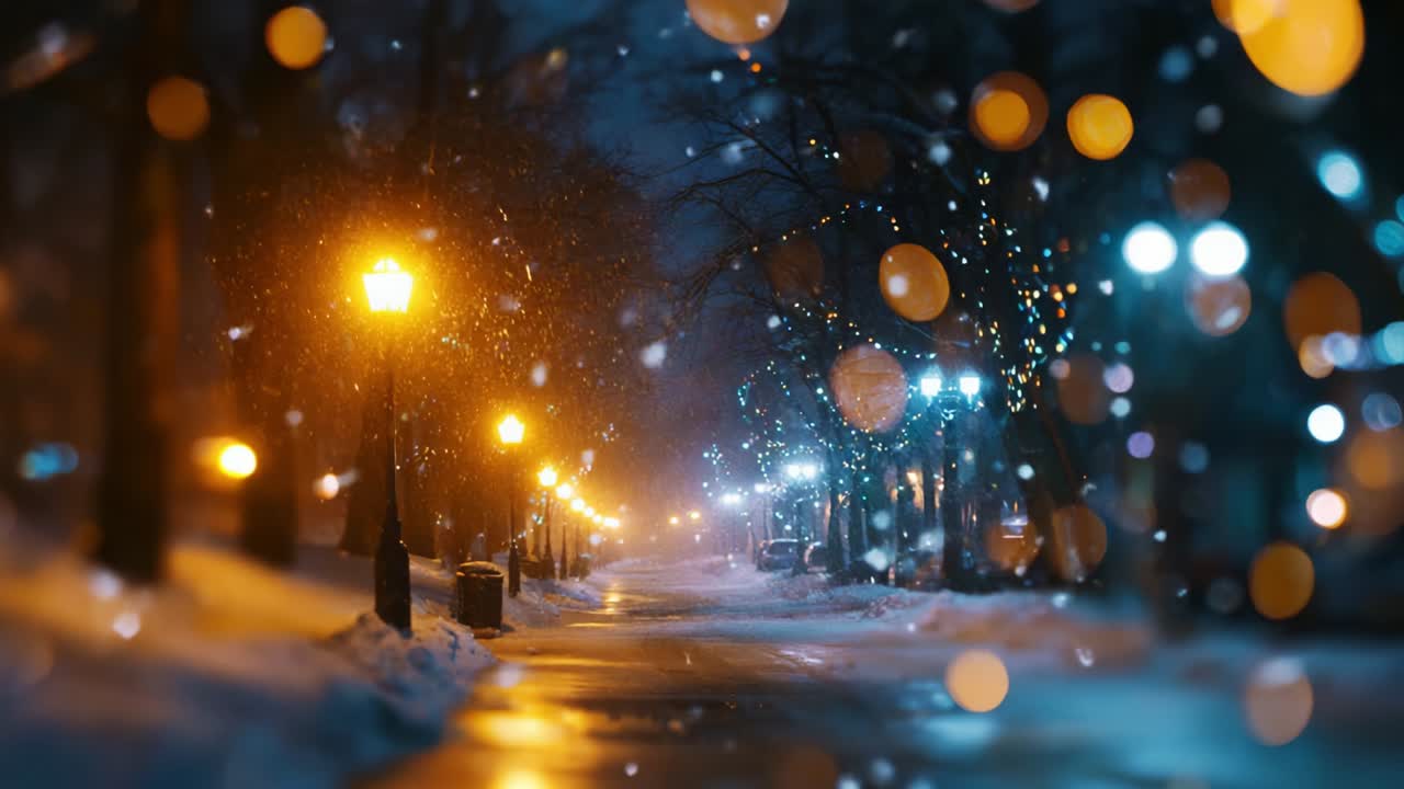 Tyyni yöllinen kävely lumisella kadulla, jota valaisevat pehmeästi hehkuvat katuvalot ja tuikkivat valot, luoden maagisen talvisen tunnelman, joka on täynnä lämpöä ja valoa lumisateen keskellä.