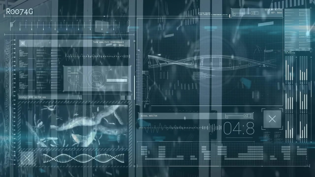 Digital DNA Strand Analysis on Futuristic HUD Interface