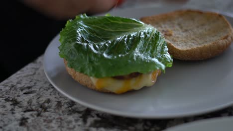 Person-making-burger-in-kitchen-at-home