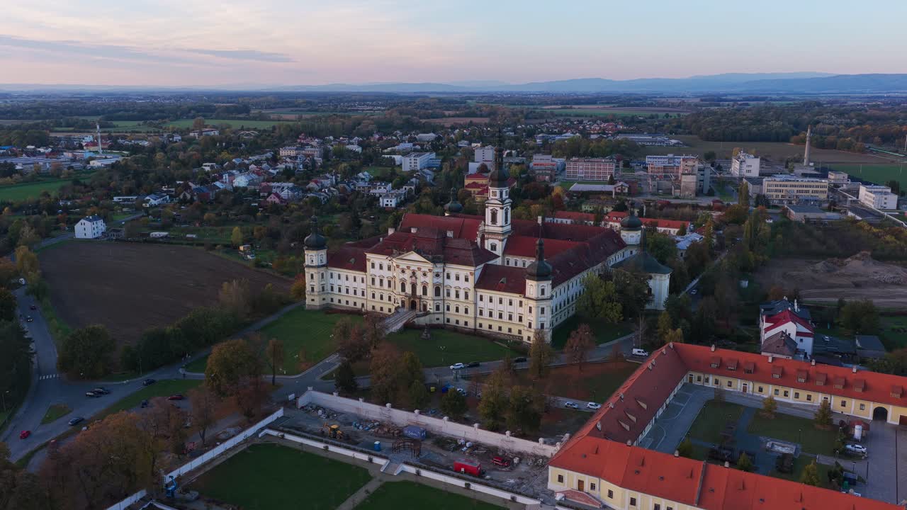 Autumn sunset over the military hospital in Olomouc. Historical building of the monastery fortress from a drone