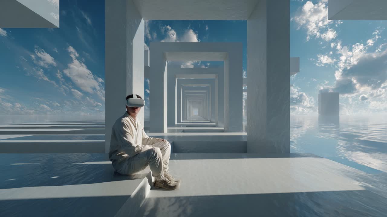 An Enigmatic Journey Through the Infinite: A Person in Virtual Reality Headset Surrounded by a Series of Emblematic White Structures Reflecting a Surreal Skyscape of Clouds and Tranquil Waters