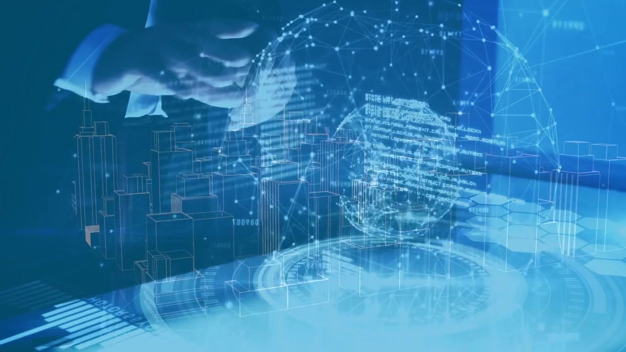 Animation of cropped hands of man using futuristic technology with 3d cityscape and globe