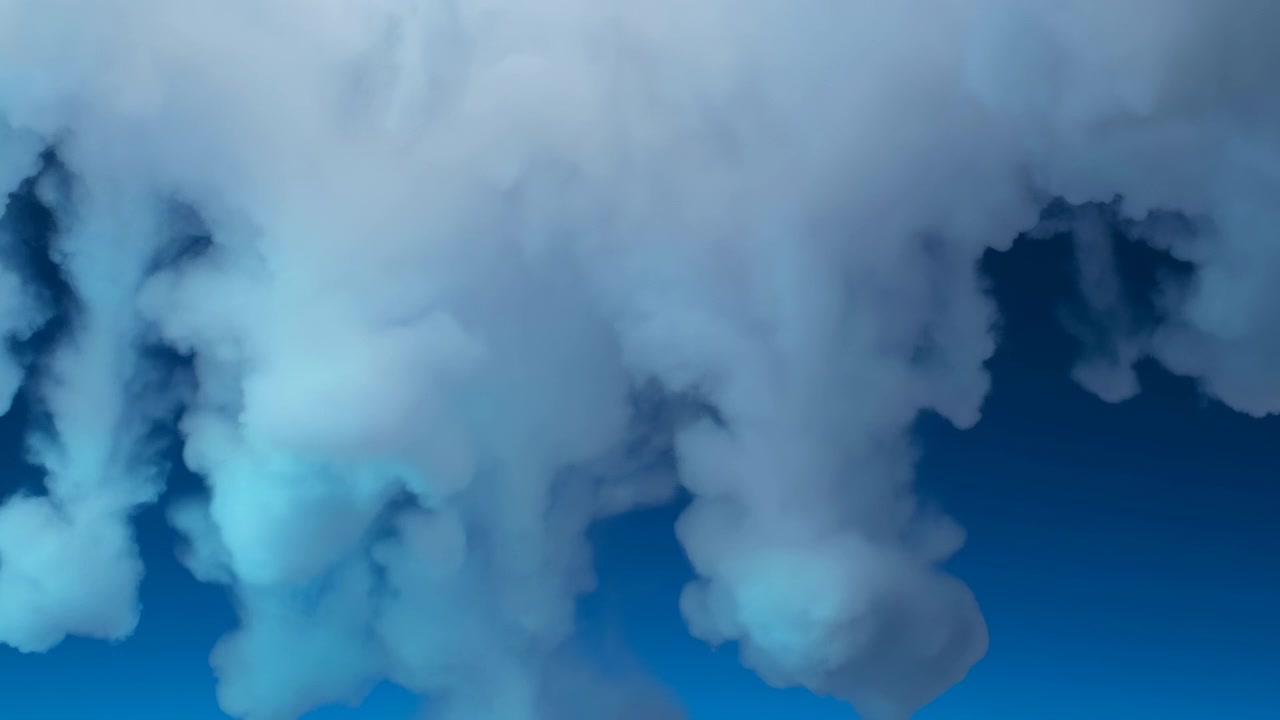 Primo piano dal basso di una voluminosa base di nuvole cumulo che si trasforma da viticci allungati in lobi più ampi e arrotondati, con un cielo blu freddo, ombra morbida, luce diffusa e un'atmosfera naturale serena