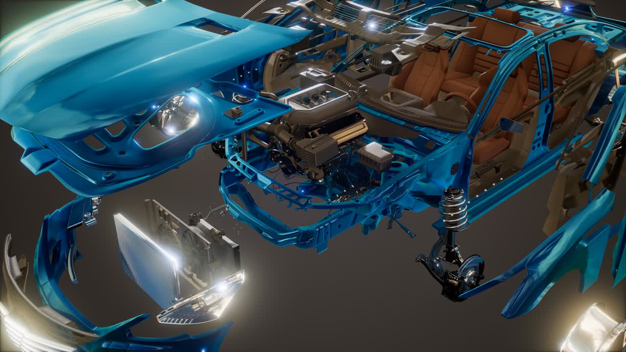 눈에 띄는 부분이 있는 분해된 자동차