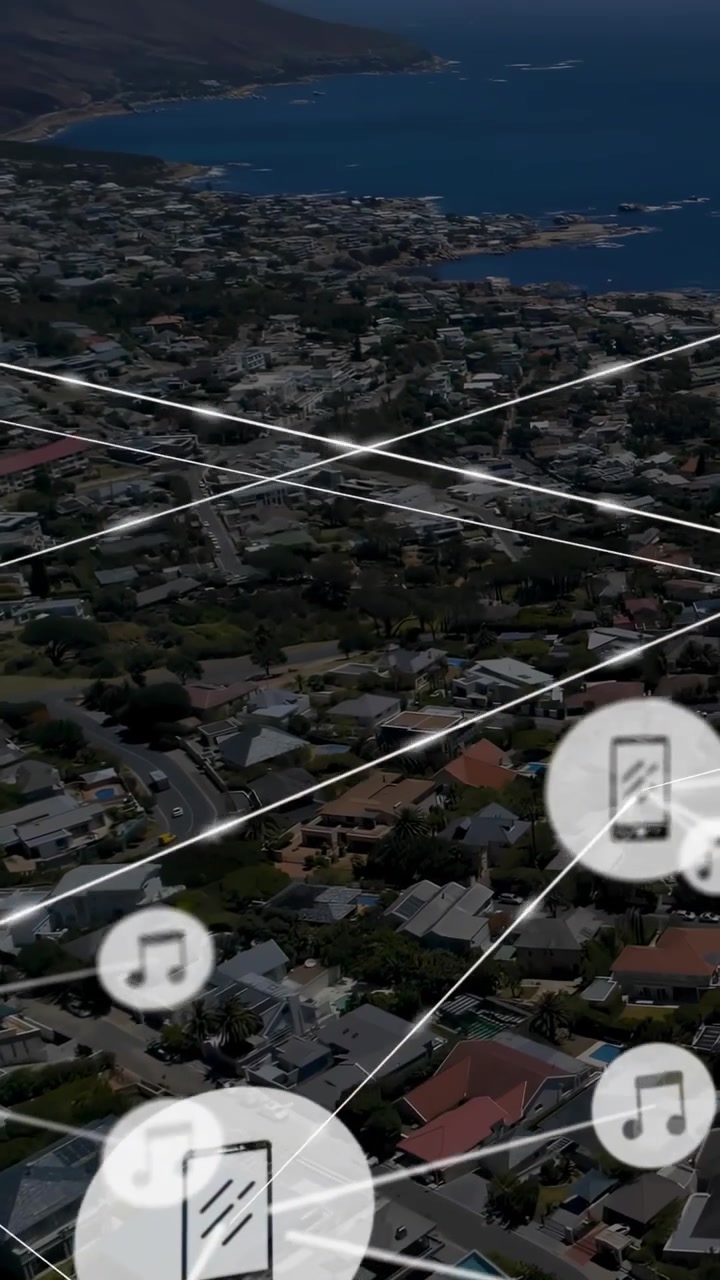Vertical video: Animated network emerging from right and mapping coastal tech with smartphone icons