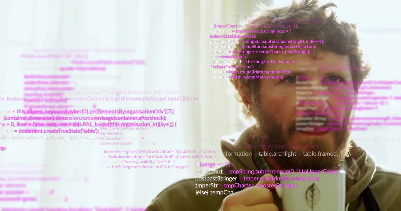 Developer holding patterned mug shifting gaze toward sliding in pink code overlays for tech demo