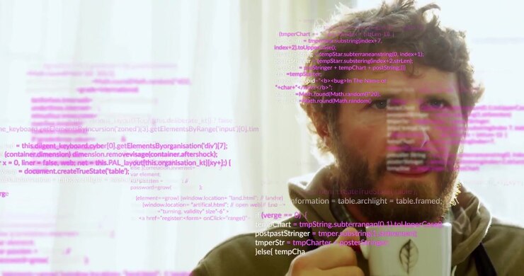 Developer holding patterned mug shifting gaze toward sliding in pink code overlays for tech demo