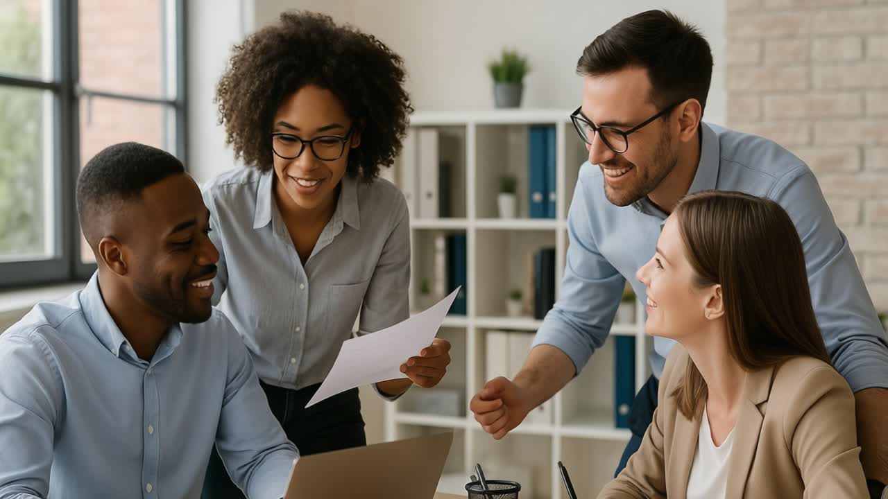 A group of four professionals engages in a lively discussion around a laptop in a modern office. The setting features large windows allowing natural light to pour in, creating an inviting atmosphere. Two individuals share a light moment, laughing together while examining documents. The team appears 