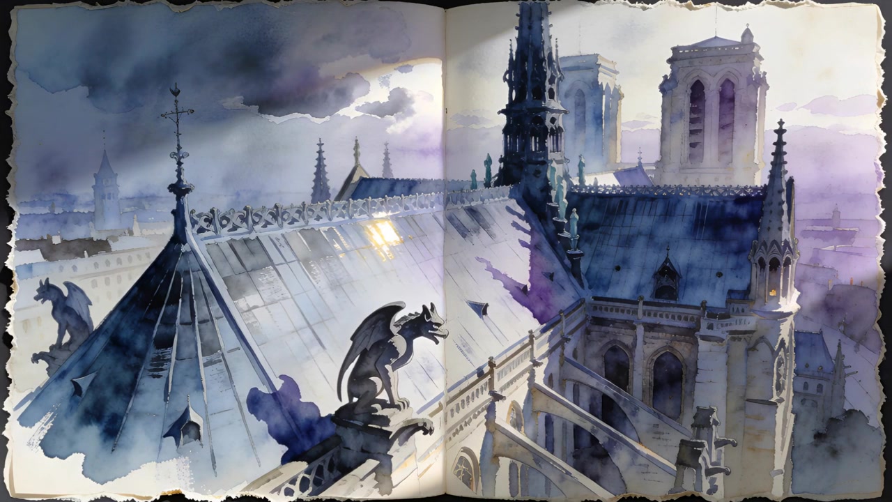 Gárgula inclinando-se e virando em um parapeito em uma página dupla de livro, enquanto os quadros avançam e o reflexo se move.