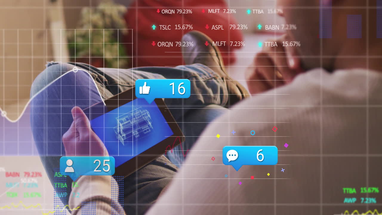 Holding tablet with animation of social media notifications and stock data overlay