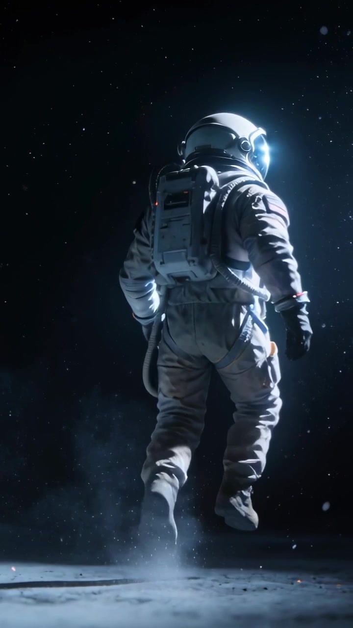 Video verticale: Sollevando la gamba destra, astronauta EVA che cammina attraverso la pianura lunare in missione, visiera illuminata.