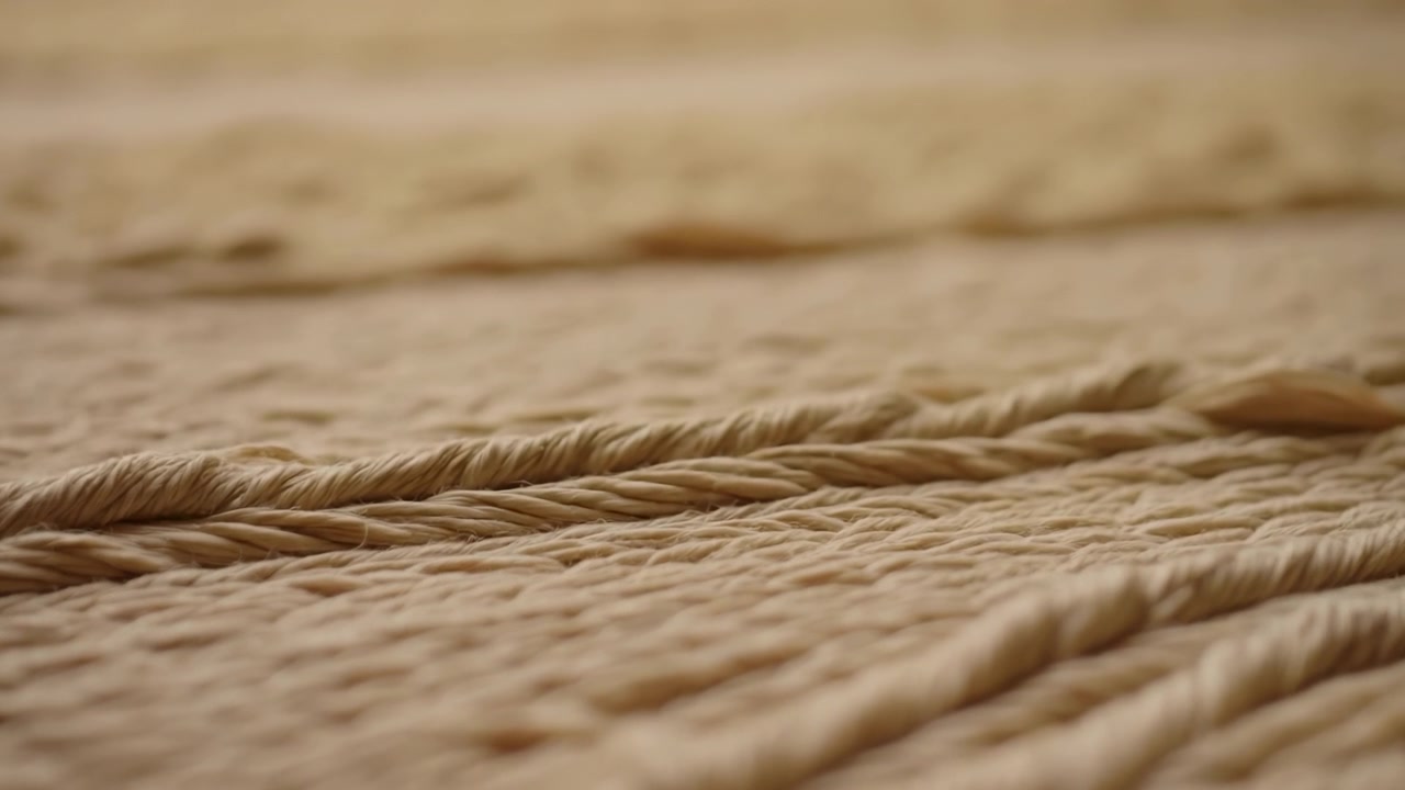 Vista ravvicinata di un morbido tessuto beige con cordoni intrecciati che attraversano una superficie finemente tessuta, rivelando fibre tattili, delicate creste, toni neutri caldi e dettagli sfocati dello sfondo