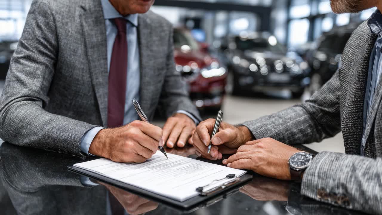 Due professionisti che stipulano un accordo transazionale all'interno di una concessionaria d'auto, finalizzando i dettagli con le firme su un documento.