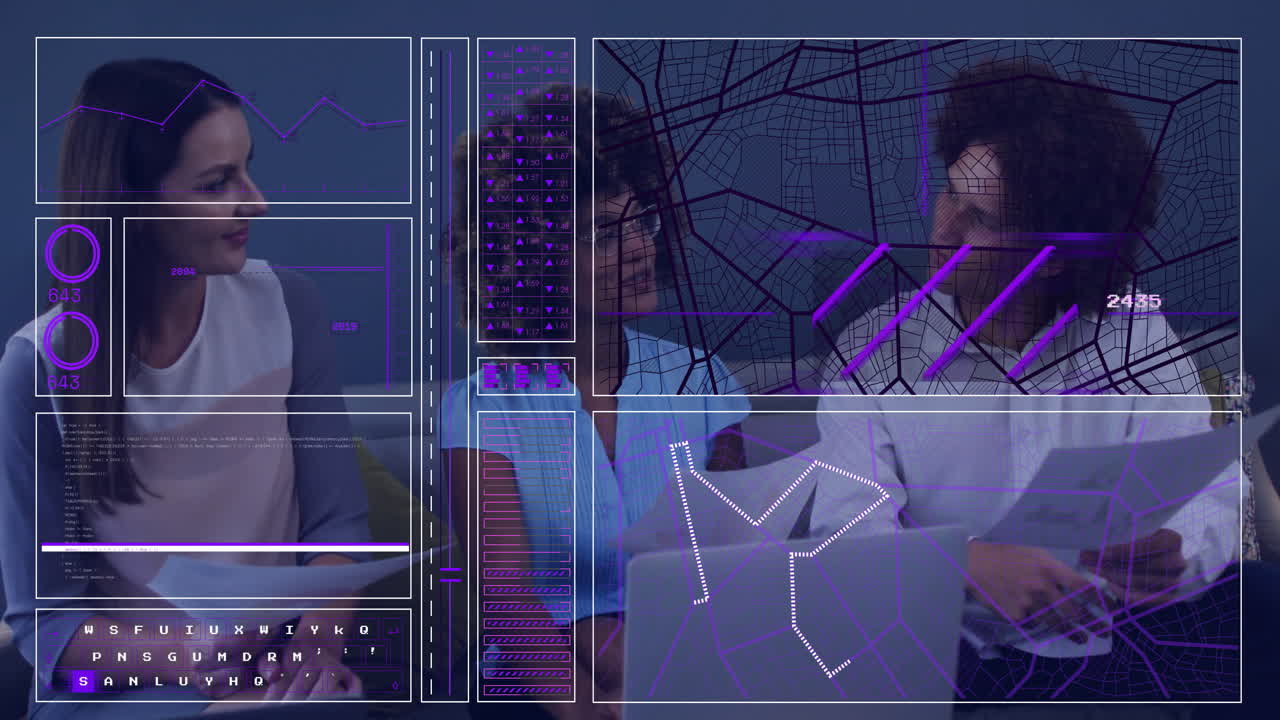 Animation of digital data and graphs overlaying professionals working on laptops