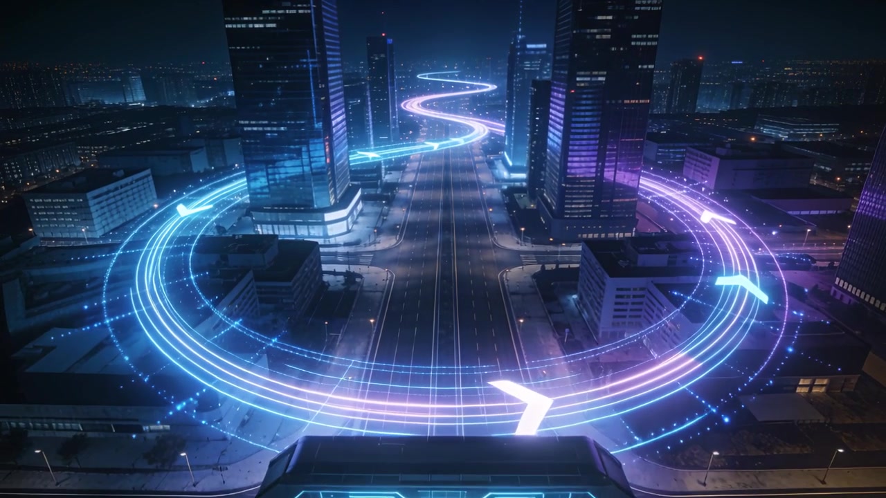 Appearing holographic ring pulsing clockwise above boulevard portal at night, forming neon S-route