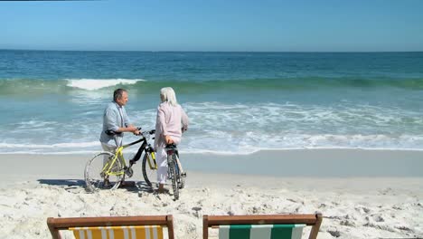 elderly couple with bikes talking