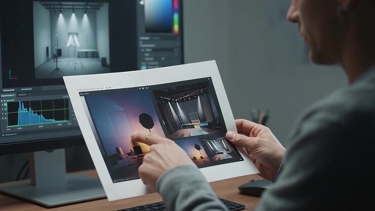 Designer gráfico editando foto no computador em estúdio