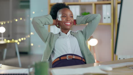 success, done and black woman relax in office