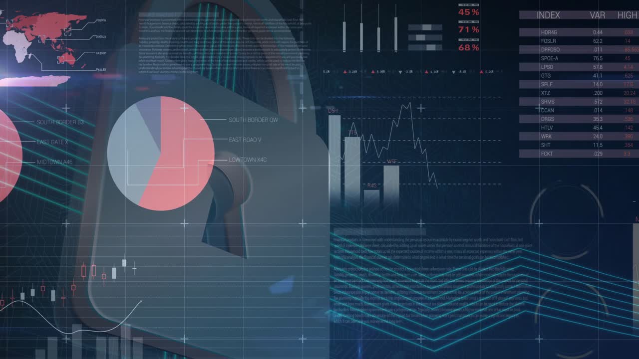 Padlock emerging triggers dashboard panels merging, animating and visualizing security metrics