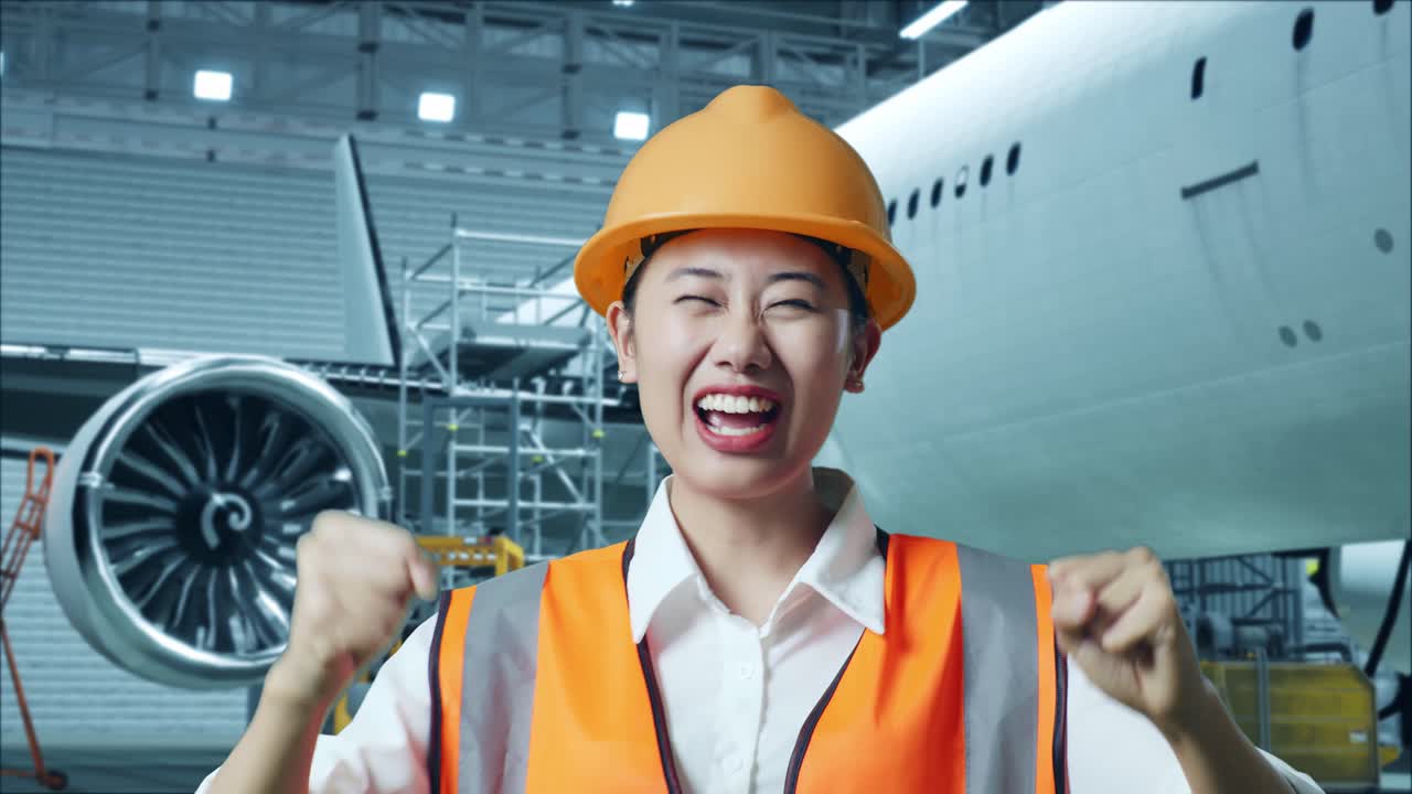 여성 엔지니어가 비행기 거에서 축하하고 있습니다.