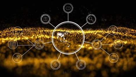 Animation-of-globe-with-network-of-connections-over-yellow-waving-mesh-with-spots