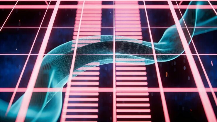 Gliding blue-green ribbon undulating across pink neon grid plane, with two columns and particles