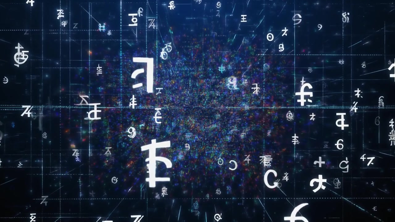 Digital Abstract Background with Floating Currency Symbols and Data Grid