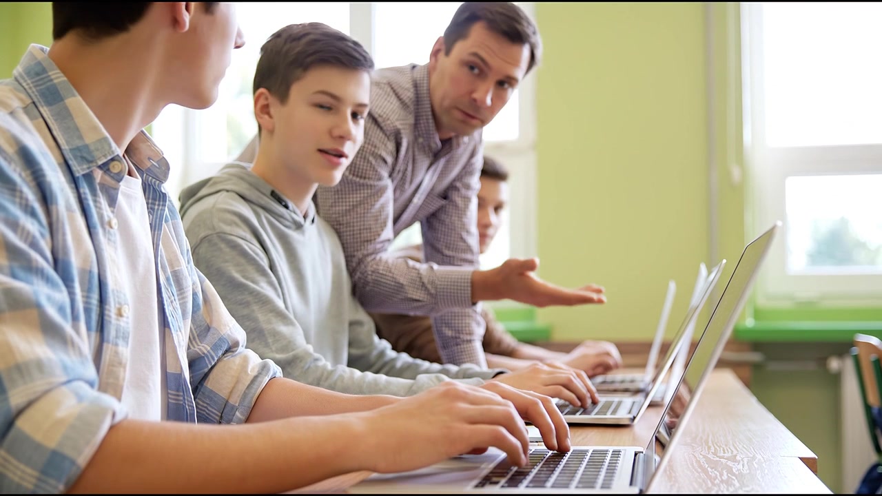 Students learning on laptop computers with teacher assisting during classroom technology training session