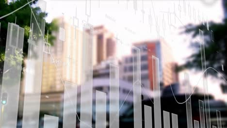 animación del procesamiento de datos financieros sobre el paisaje urbano