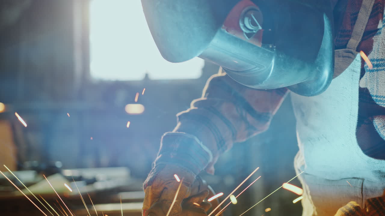 Welder in Protective Uniform Working on Metal Workpiece