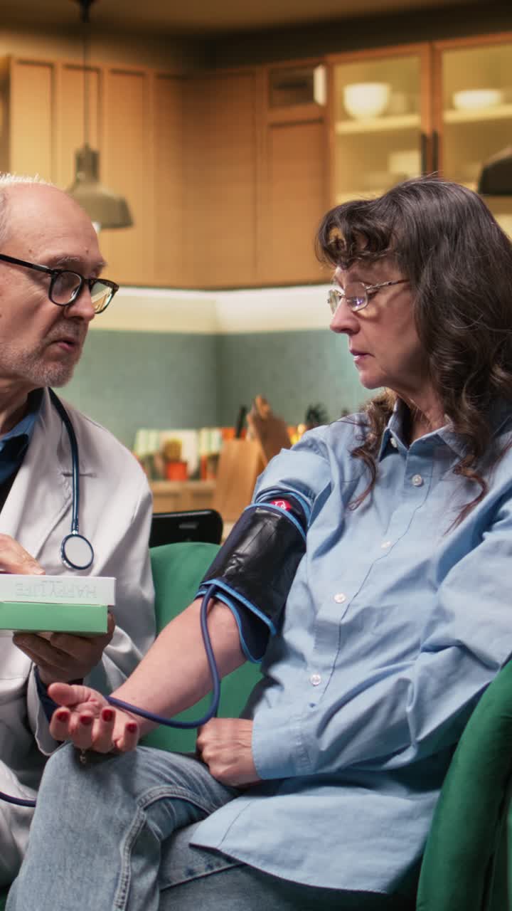 Vertical Video Professional medic, blood pressure monitor, heartbeat and pulse