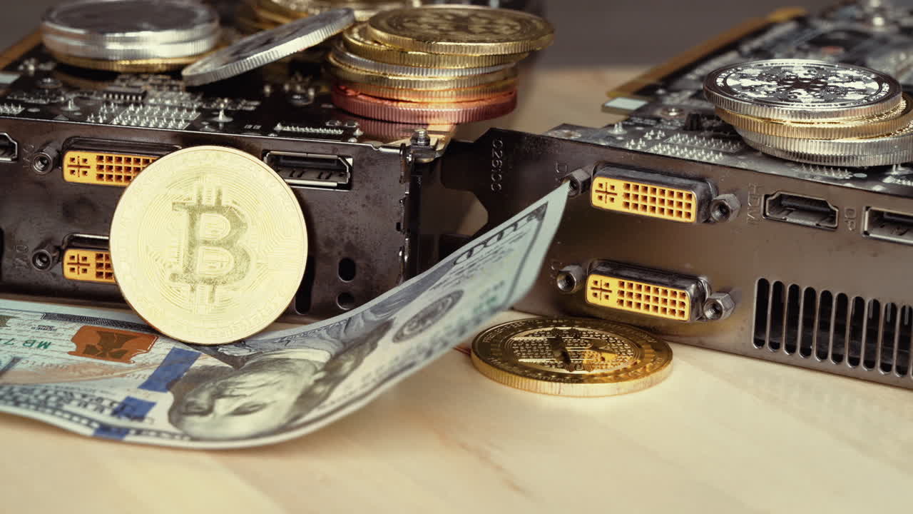 Composition with golden and silver bitcoin crypto money, dollars and computer graphic mining cards