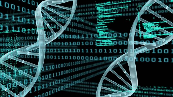 Animation of dna strands over data processing shapes on black background